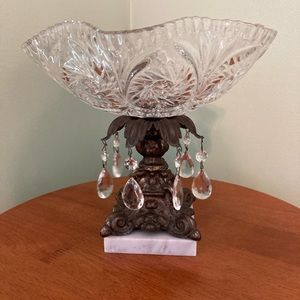 ☘️VTG Brass Crystal Drop Glass Fruit Bowl Compote